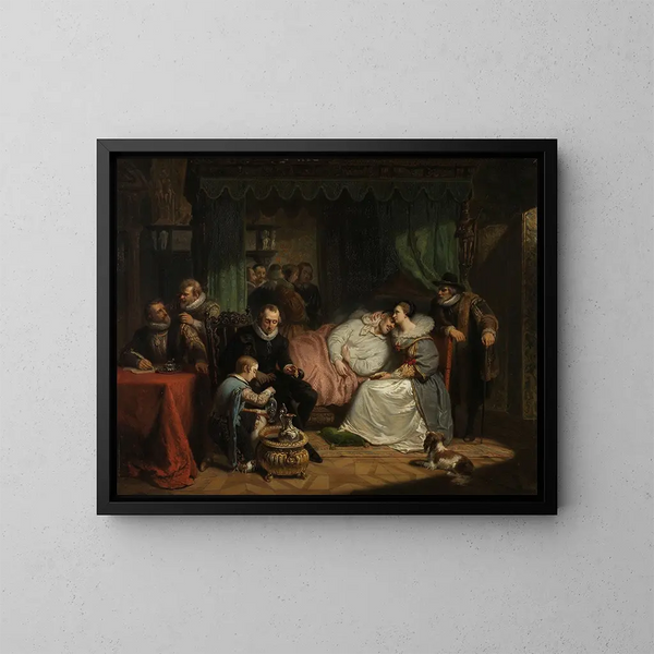 Der Prinz William I. von England, von seiner Frau Charlotte von Bourbon nach dem Mordversuch in Antwerpen im Jahr 1582 - Nicolaas Pieneman — gerahmtes Bild an der Wand