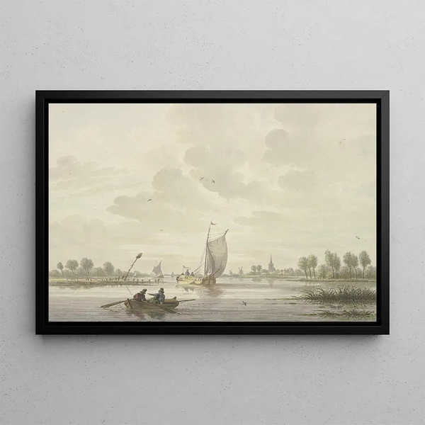 Nicolaas Wicart - Auf einem Fluss segeln einige Barken vorne ein Ruderboot.webp