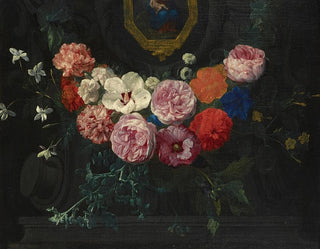 Nicolaes Van Verendael - A Garland Of Flowers Surrounding A Cartouche With The Virgin And Child.webp