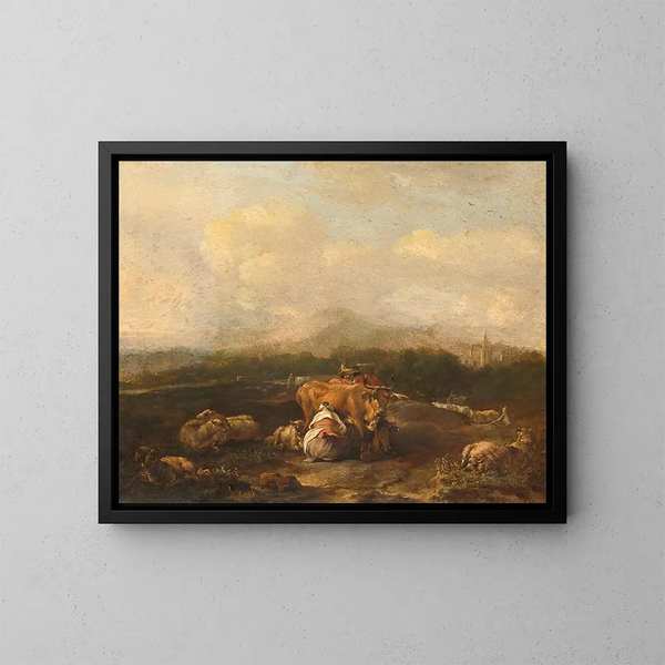 Italienisches Landschaftsgemälde mit Vieh - Nicolaes van Helt Stockade — gerahmtes Bild an der Wand