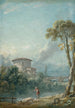 Landschaft mit einem Fischer am Seeufer, im Hintergrund ein großer Taubenschlag - Nicolas Jacques Julliard — Ansicht des Kunstwerks