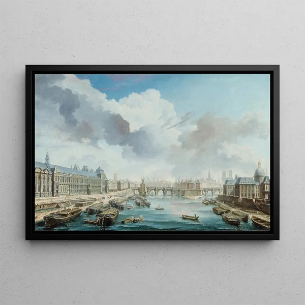 Le Louvre, die Pont-Neuf und das Collège des Quatre-Nations (heutiges Institut de France) vom Pont Royal aus gesehen - Nicolas Jean-Baptiste Raguenet — gerahmtes Bild an der Wand