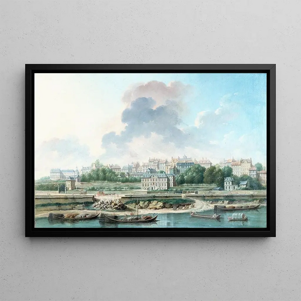 Der Quai und das Dorf Passy vom linken Ufer aus gesehen - Nicolas Jean-Baptiste Raguenet — gerahmtes Bild an der Wand