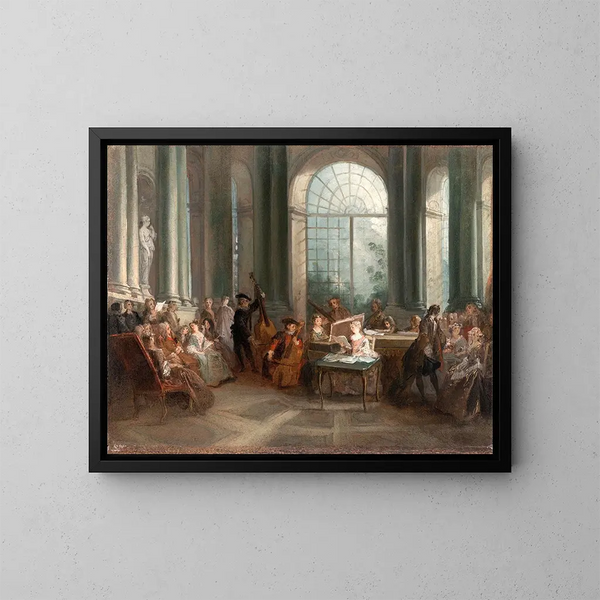 Konzert im ovalen Salon des Château de Pierre Crozat in Montmorency - Nicolas Lancret — gerahmtes Bild an der Wand