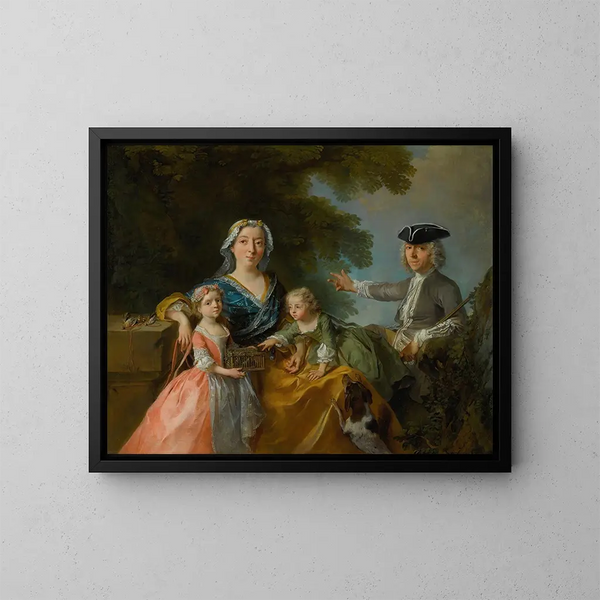 Portrait einer Familie, traditionell als M. und Mme Saint-Martin mit ihren beiden Kindern in einer Landschaft identifiziert - Nicolas Lancret — gerahmtes Bild an der Wand