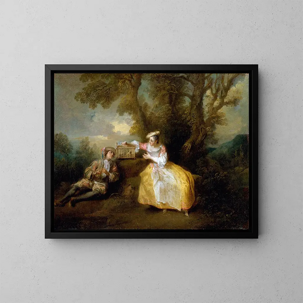 L Vogelgefängnis-Gemälde - Nicolas Lancret — gerahmtes Bild an der Wand