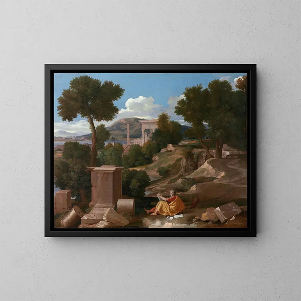 Paesaggio con san Giovanni sull'isola di Patmo - Nicolas Poussin — quadro incorniciato alla parete