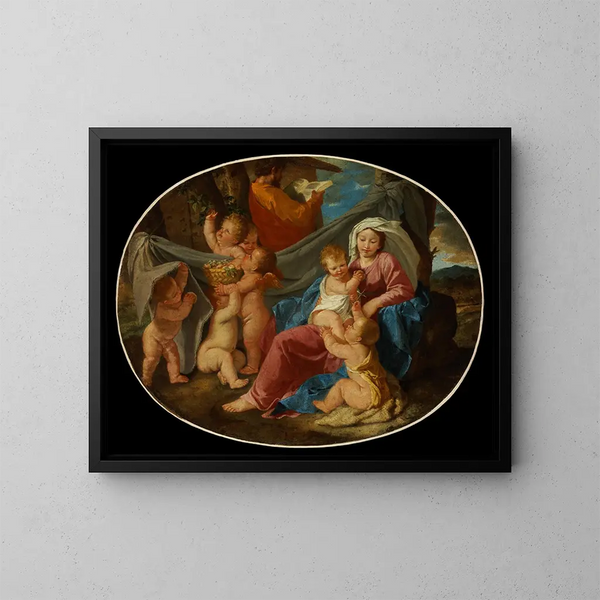 Der Ruhezustand während der Flucht nach Ägypten - Nicolas Poussin — gerahmtes Bild an der Wand