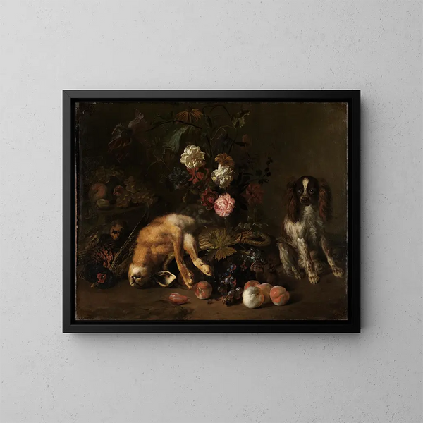 Naturstillleben mit Wild, Blumen, Früchten und einem Spaniel - Nicolas de Largillière — gerahmtes Bild an der Wand