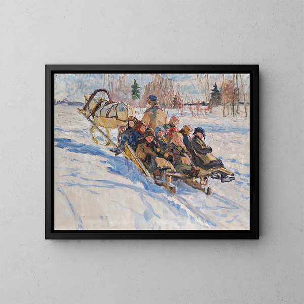 Kinder im Schlitten - Nikolai Bogdanov-Belsky — gerahmtes Bild an der Wand