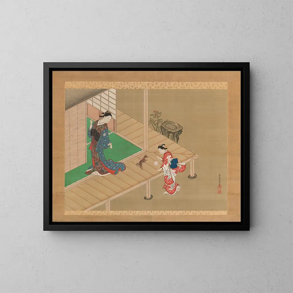 Nishikawa Sukenobu Kunstdruck von Courtisane und Dienerin, die mit einem Hund spielt — gerahmtes Bild an der Wand