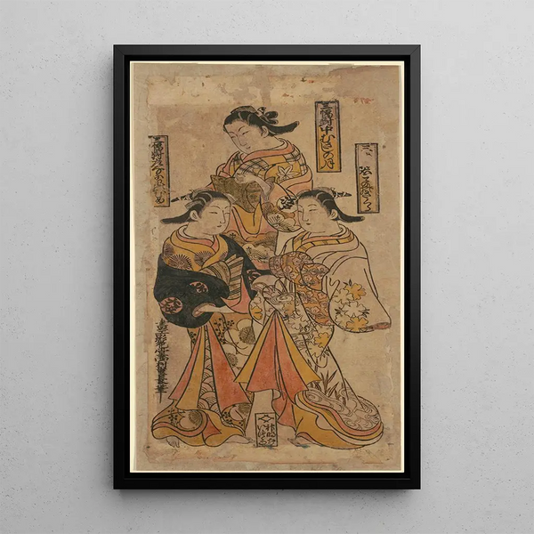 Three Beauties of the Era - Nishimura Shigenaga — framed artwork on a wall