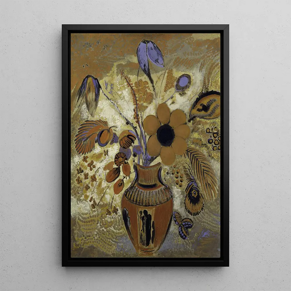 Etruscan vase with flowers - Odilon Redon — framed artwork on a wall