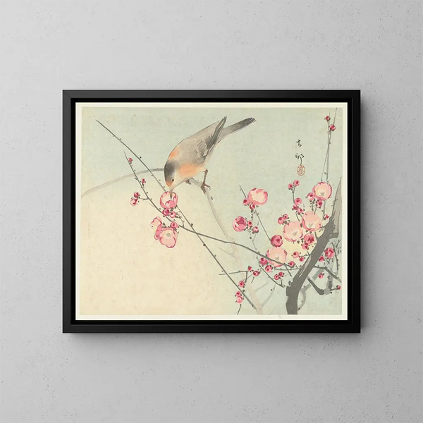 Singender Vogel auf einem blühenden Zweig - Ohara Koson — gerahmtes Bild an der Wand