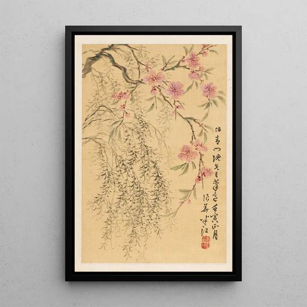 Peach Blossoms and Willows - Okada Hankō — framed artwork on a wall