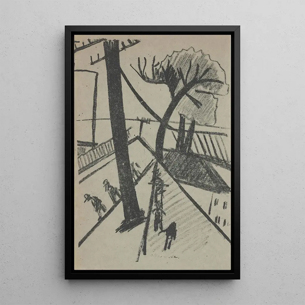 City scene of a futuristic cityscape without title from Maïakovski's poetry - Olga Vladimirovna Rozanova — framed artwork on a wall