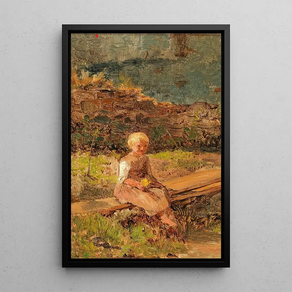Child sitting on a wooden bridge - Olga Wisinger-Florian — framed artwork on a wall
