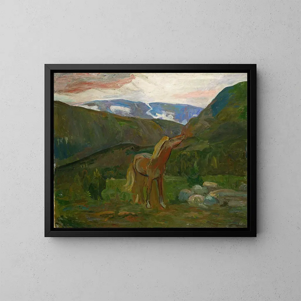 Pferd in den Bergen - Oluf Wold-Torne — gerahmtes Bild an der Wand