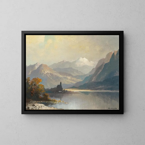 eines Bergsees mit einer Kapelle - Oskar Mulley — gerahmtes Bild an der Wand