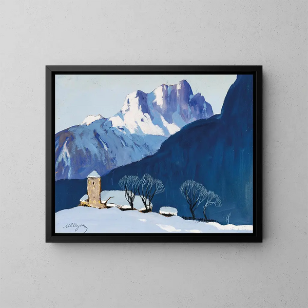 Winterlandschaft vor einer Bergkette - Oskar Mulley — gerahmtes Bild an der Wand