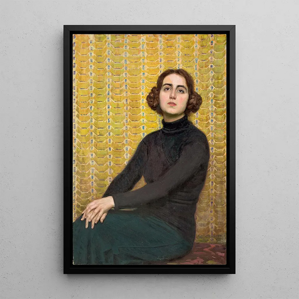 Female model painting with yellow background - Osmar Schindler — framed artwork on a wall