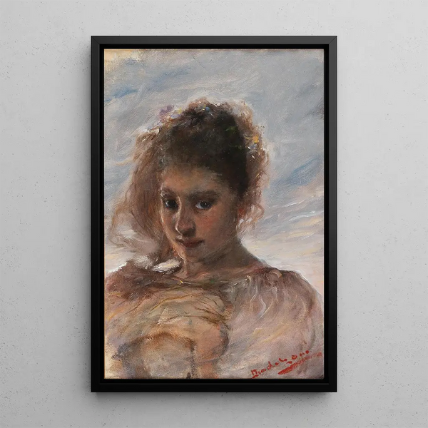 Portrait of a young woman in front of a cloud background - Ottó Baditz — framed artwork on a wall