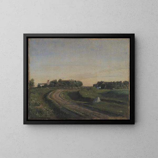Vejby mit der Kirche im Norden, Abendlicht, Zeeland - P. C. Skovgaard — gerahmtes Bild an der Wand