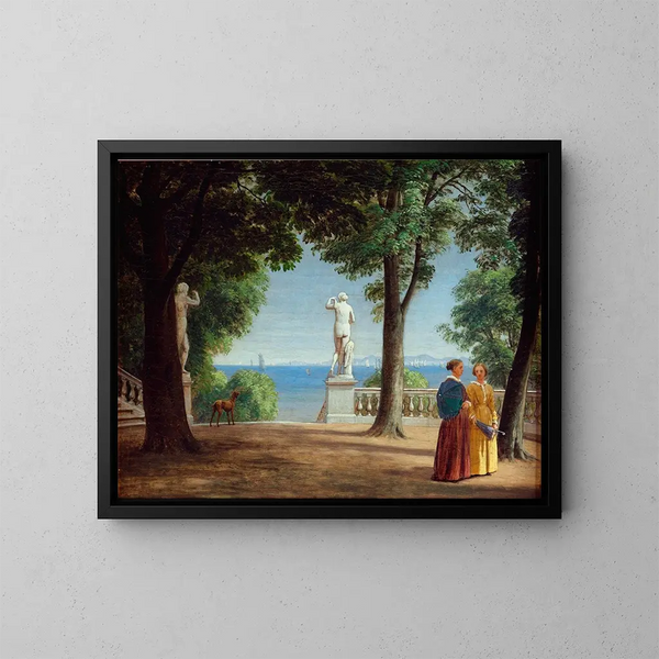 Vue vers Kullen depuis une terrasse de jardin avec des statues - P. C. Skovgaard — gerahmtes Bild an der Wand