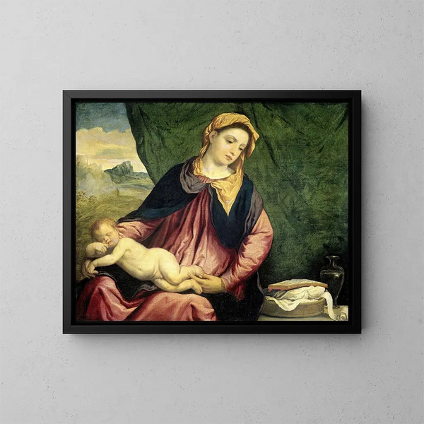 Madone mit schlafendem Kind - Paris Bordone — gerahmtes Bild an der Wand