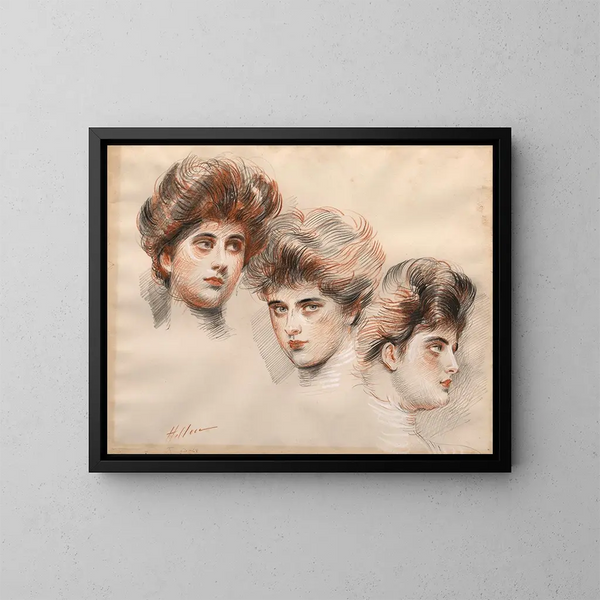 Portrait von Yvonne Avolle von vorne, im rechten Profil und im linken Profil - Paul César Helleu — gerahmtes Bild an der Wand