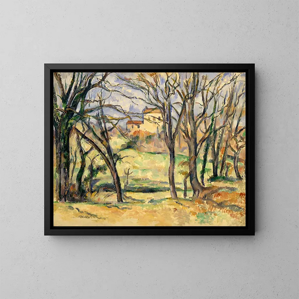 Bäume und Häuser in der Nähe des Jas de Bouffan - Paul Cézanne — gerahmtes Bild an der Wand