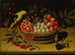 Nature morte con ciliegie, prugne, lamponi e altri frutti in un cesto con un uccello giallo - Paul Dorival — vista dell’opera