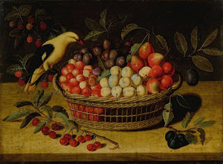 Nature morte con ciliegie, prugne, lamponi e altri frutti in un cesto con un uccello giallo - Paul Dorival — vista dell’opera