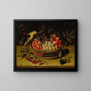 Nature morte con ciliegie, prugne, lamponi e altri frutti in un cesto con un uccello giallo - Paul Dorival — quadro incorniciato alla parete