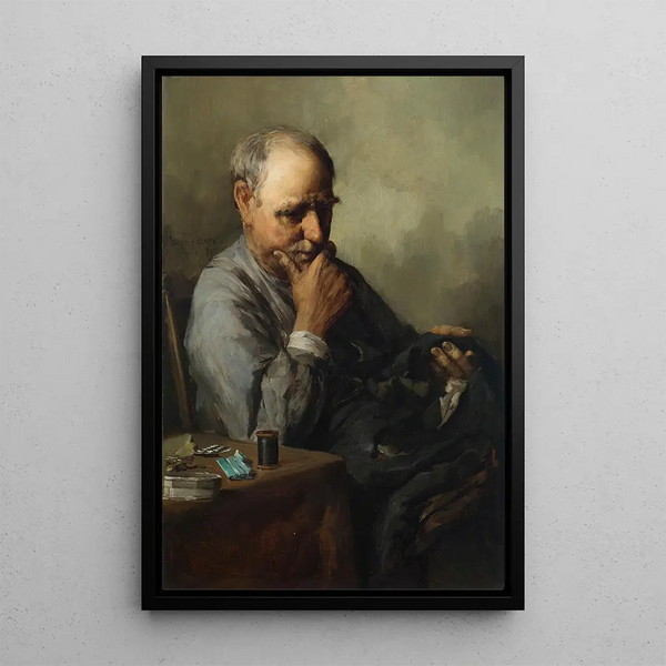 Old man mending - Paul E. Harney — framed artwork on a wall