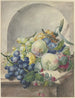 Stück Obst in einer Nische auf einem Marmortisch Pflaumen Pfirsiche Trauben und Brombeeren - Paul Theodor van Brussel — Ansicht des Kunstwerks