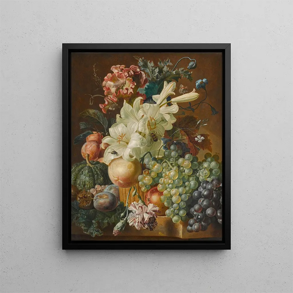 Paul Theodor Van Brussel - Still life with lilies poppies plums melons and grapes on a ledge with insects.webp