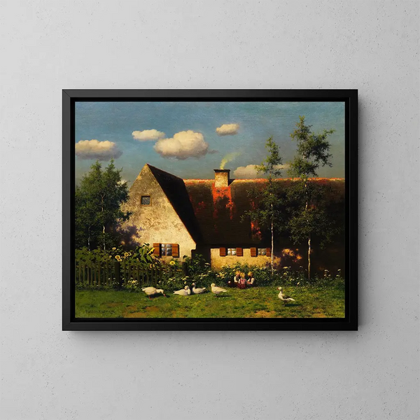 Kinder beim Spielen und Gänse vor dem Bauernhof - Paul Wilhelm Keller-Reutlingen — gerahmtes Bild an der Wand