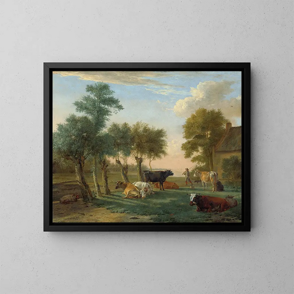Kühe auf einer Wiese in der Nähe eines Bauernhofs - Paulus Potter — gerahmtes Bild an der Wand