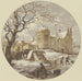 Winter landscape painting in front of the city wall on the bridge with a wooden sled - Jacob Cats — displayed in an interior