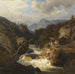 Landschaft mit Berg und Jäger am Ufer eines reißenden Flusses - Leonhard Rausch — in einem Innenraum präsentiert