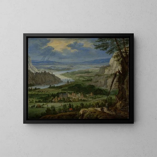 Paesaggio fluviale con viaggiatori - Peeter Gijsels — quadro incorniciato alla parete