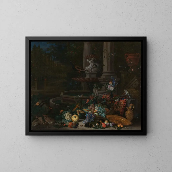 Nature morte con verdure davanti a un basamento drappeggiato capovolto vicino a una fontana ornamentale - Peeter Gijsels — quadro incorniciato alla parete