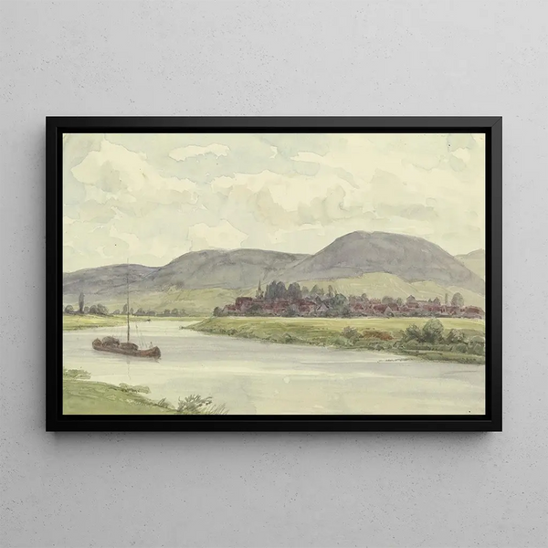 Peter Burnitz - Ortschaft an einem Flu mit Bergen im Mittelgrund.webp