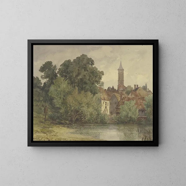 Teich hinter Häusern eines Dorfes mit Kirchturm - Peter Burnitz — gerahmtes Bild an der Wand