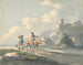Composizione di due viaggiatori e un cane su una strada che passa davanti a cottage con rovine su una collina - Peter La Cave — vista dell’opera