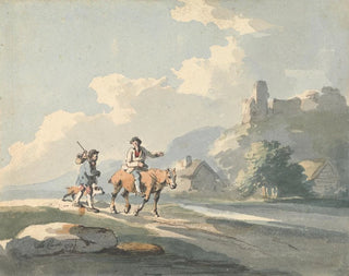Composizione di due viaggiatori e un cane su una strada che passa davanti a cottage con rovine su una collina - Peter La Cave — vista dell’opera