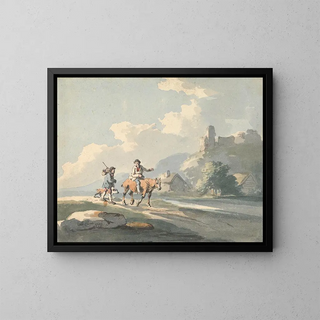 Composizione di due viaggiatori e un cane su una strada che passa davanti a cottage con rovine su una collina - Peter La Cave — quadro incorniciato alla parete