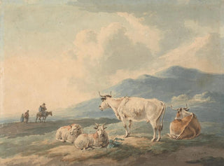 Peter La Cave - Mountain Landscape with cows and goats foreground and figures left.webp