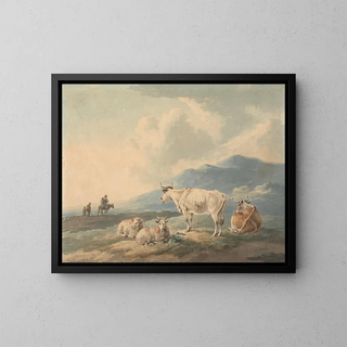 Peter La Cave - Mountain Landscape with cows and goats foreground and figures left.webp